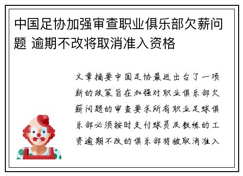 中国足协加强审查职业俱乐部欠薪问题 逾期不改将取消准入资格
